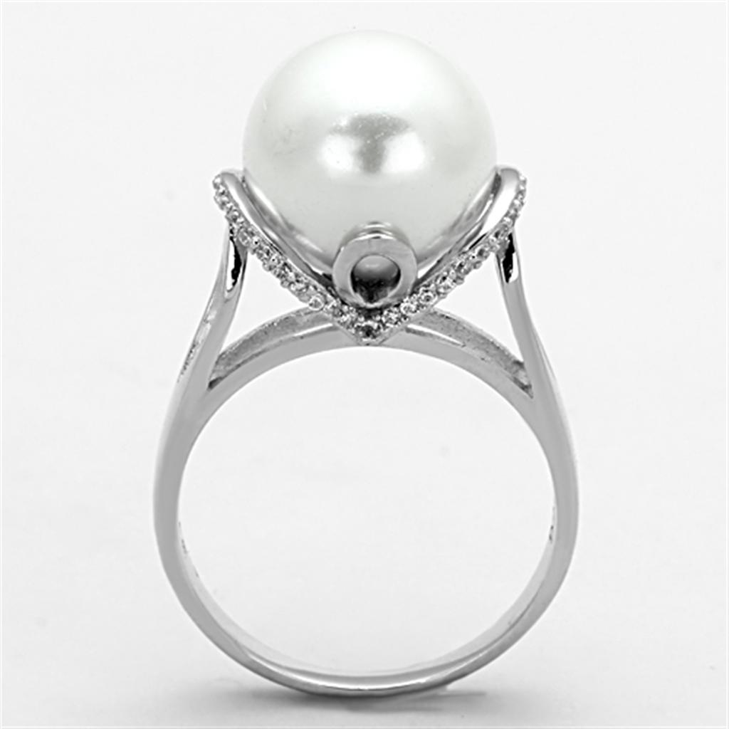 Rhodium 925 Sterling Silver Ring with Synthetic Pearl in White