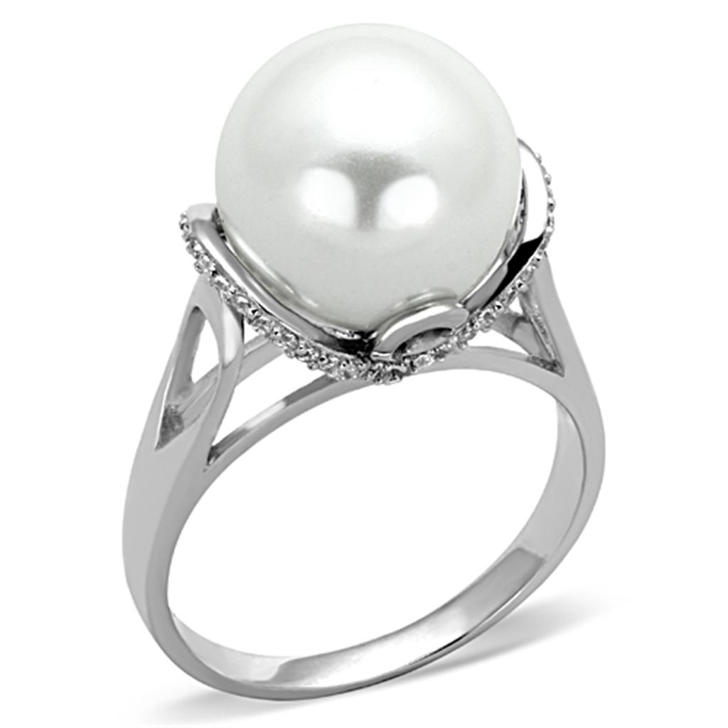 Rhodium 925 Sterling Silver Ring with Synthetic Pearl in White