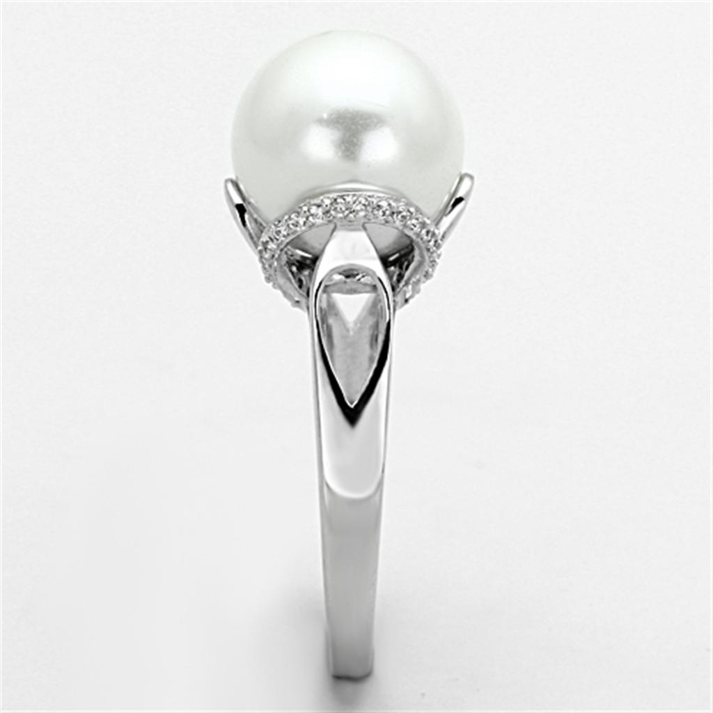 Rhodium 925 Sterling Silver Ring with Synthetic Pearl in White